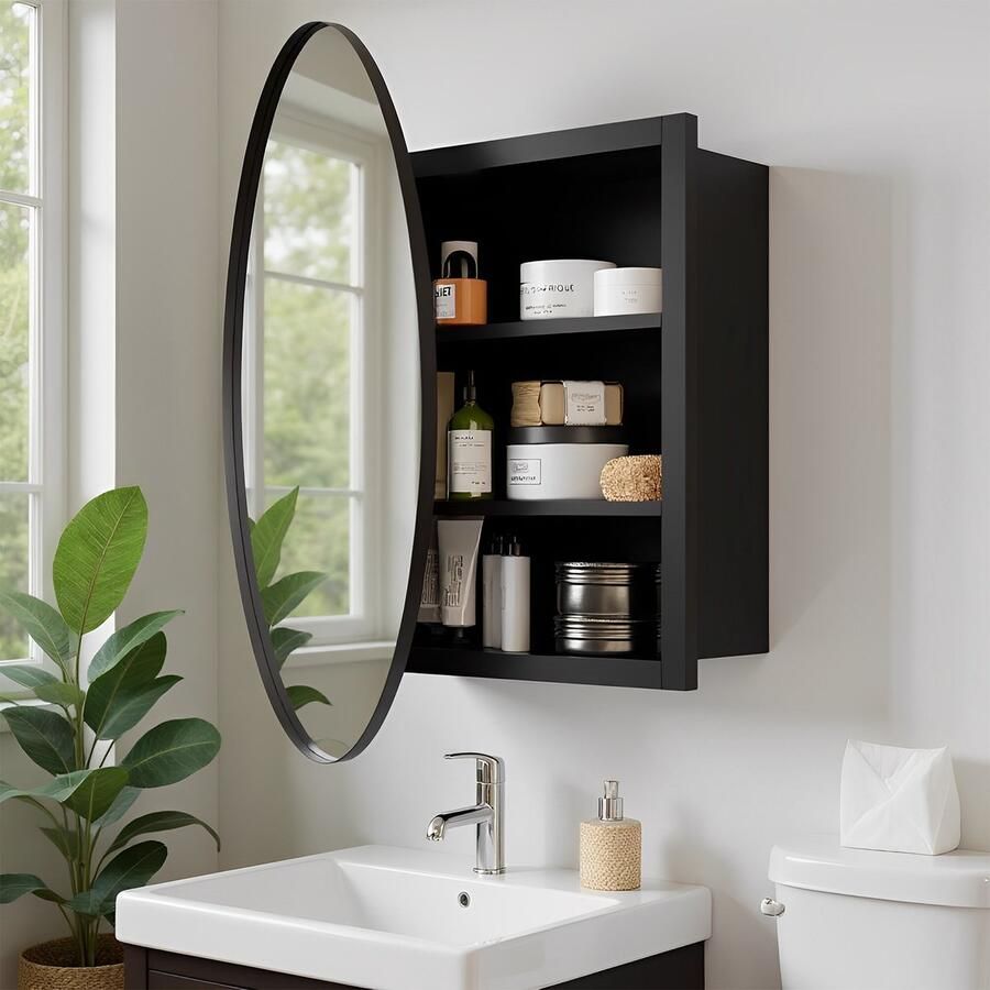 None Round Bathroom Mirror Cabinet Single Door Wall Mounted Bathroom Cabinet Storage Cupboard Ready Assembled with Adjustable Shelf