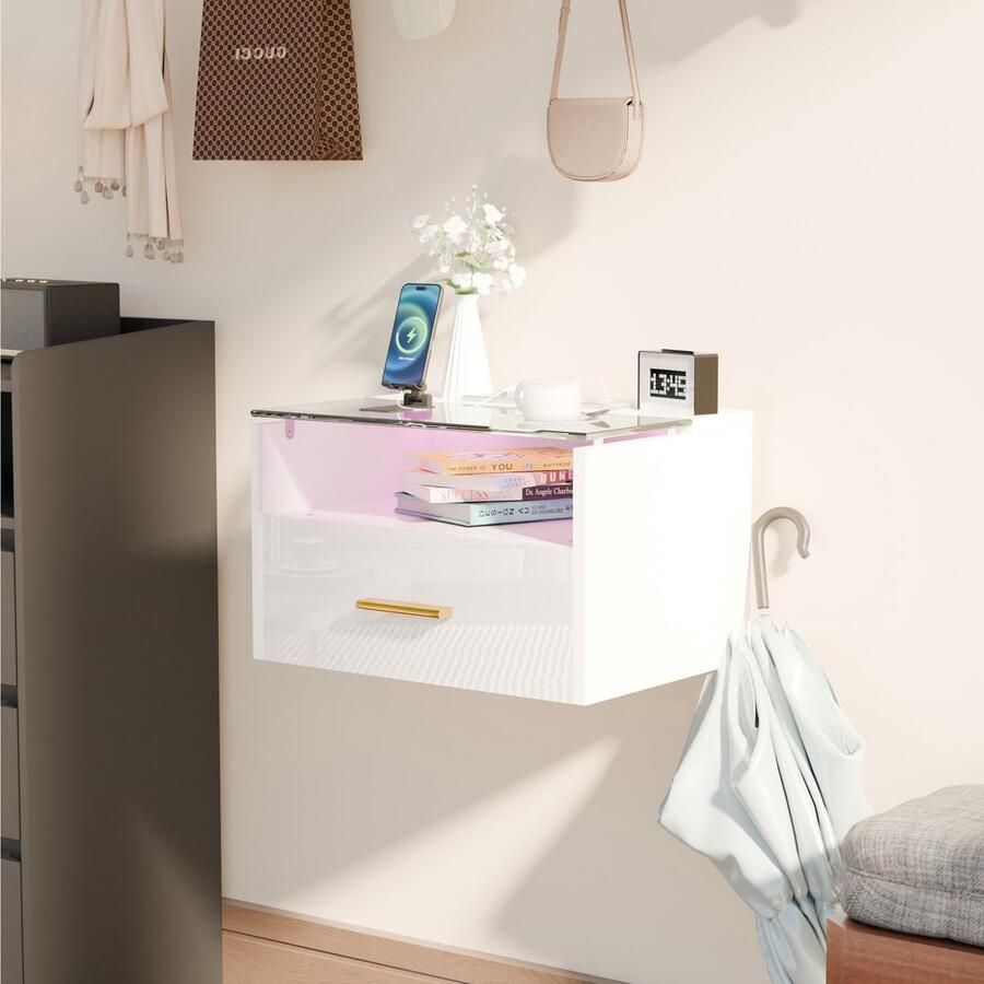 None Single Drawer Bedside Table 3-Tier Bedside Table with Lights Wood Bedside Cabinet Tempered Glass Top Shelf 2 AC Outlets 2 USB Ports Bedside Desk with Power Station for Bedroom Home EU Plug White