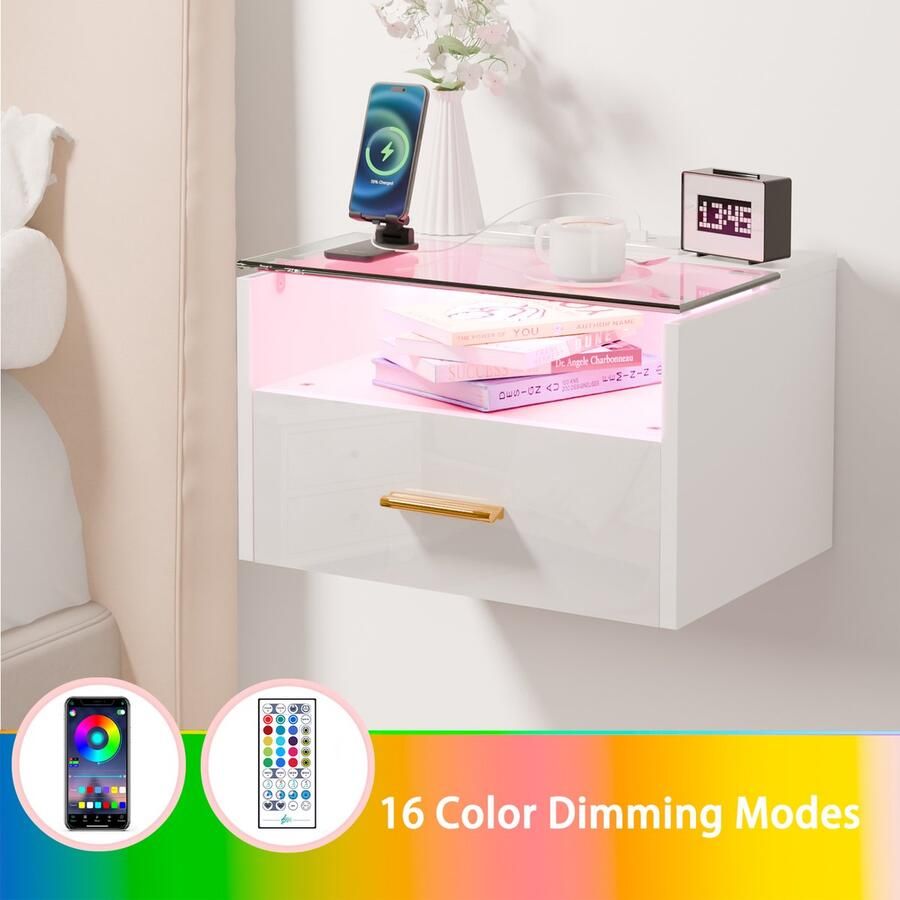 None Single Drawer Bedside Table 3-Tier Bedside Table with Lights Wood Bedside Cabinet Tempered Glass Top Shelf 2 AC Outlets 2 USB Ports Bedside Desk with Power Station for Bedroom Home EU Plug White
