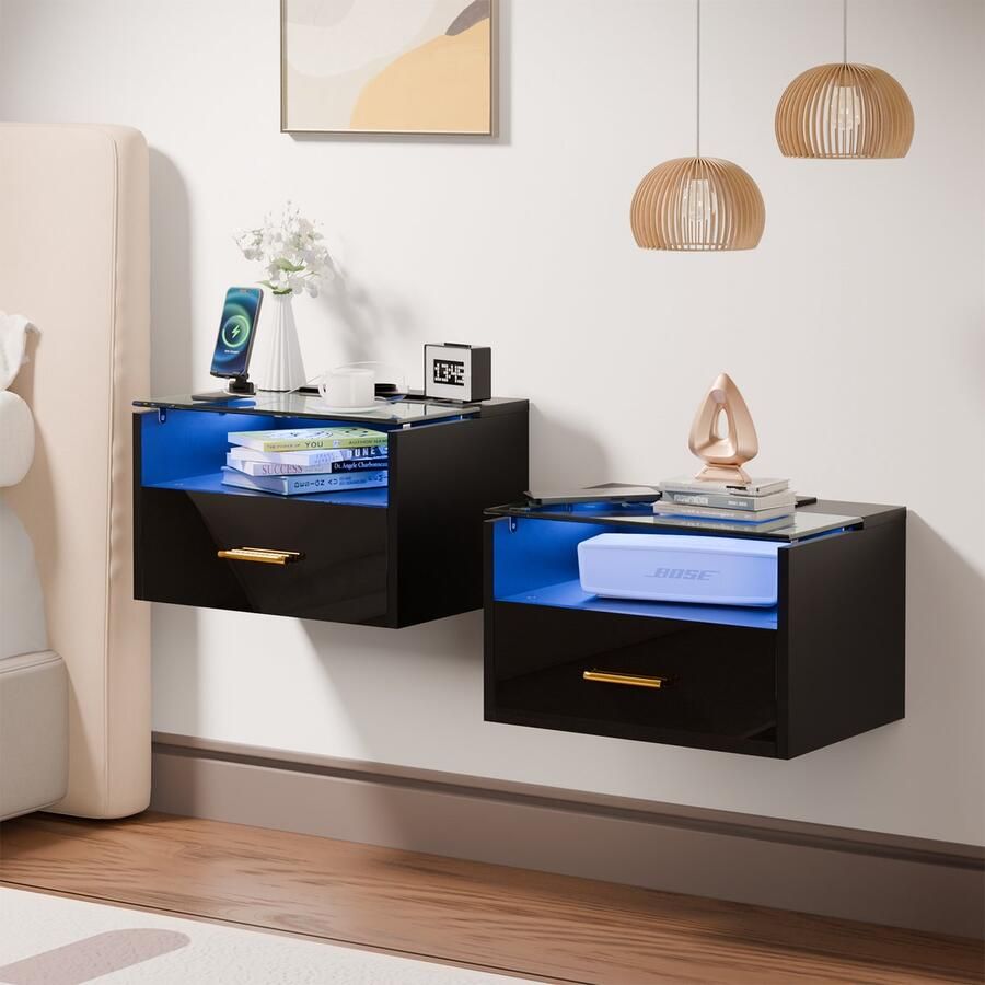 None Single Drawer Bedside Table 3-Tier Bedside Table with Lights Wood Bedside Cabinet Tempered Glass Top Shelf 2 AC Outlets 2 USB Ports Bedside Desk with Power Station for Bedroom Home EU Plug Black