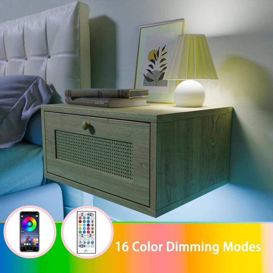 None Wall Mounted Bedside Table Wood Bedside Desk with Light Glow Floating Bedside Table with One Drawer 1-Layer Wall Single Drawer Bedside Cabinet for Bedroom Living Room Home