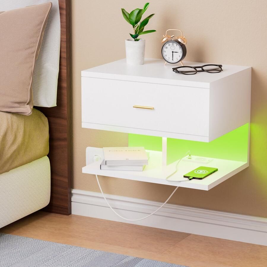 None Wall Mounted Bedside Table Wood Floating Bedside Desk with Power Outlet 1AC 2USB One Layer Drawer Bedside Cabinet with 0.4m Light Strip for Bedroom Wall Home EU Power Socket White