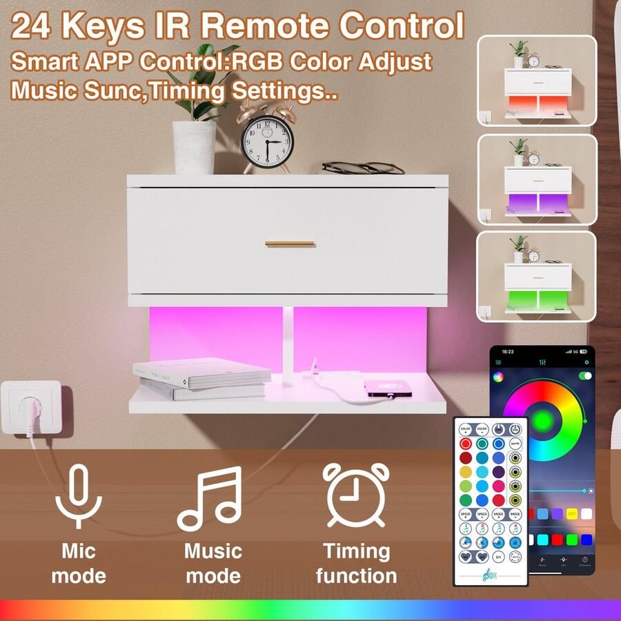 None Wall Mounted Bedside Table Wood Floating Bedside Desk with Power Outlet 1AC 2USB One Layer Drawer Bedside Cabinet with 0.4m Light Strip for Bedroom Wall Home EU Power Socket White