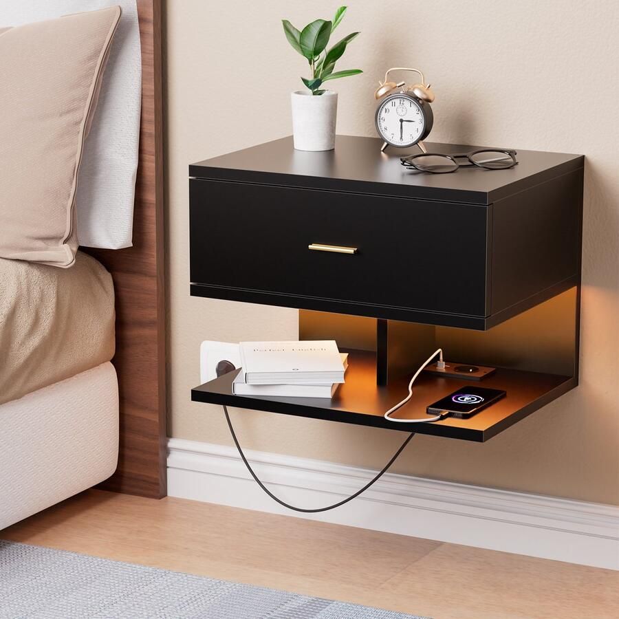 None Wall Mounted Bedside Table Wood Floating Bedside Desk with Power Outlet 1AC 2USB One Layer Drawer Bedside Cabinet with 0.4m Light Strip for Bedroom Wall Home EU Power Socket Black