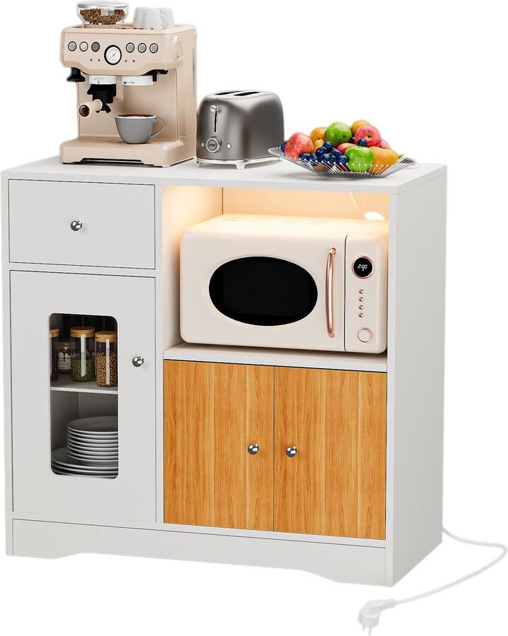 None Wood Sideboard Corner Cabinet with Charging Station 2AC 2USB Sideboard with One Drawer 2 Doors Side Cabinet with Microwave Shelf Buffet Cabinet with Light for Kitchen Living Room EU Plug White-Brown