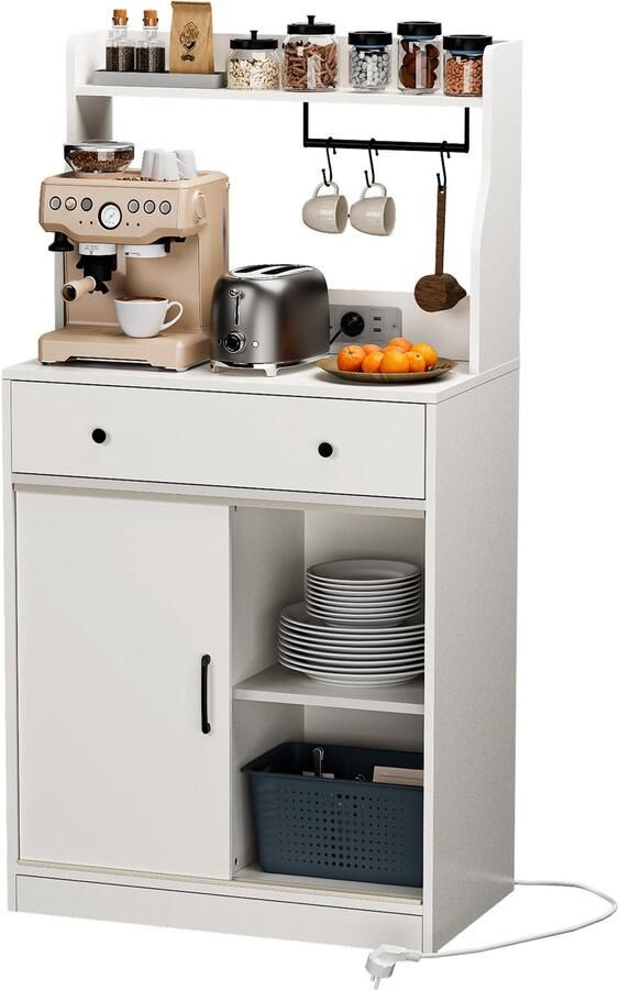 None Wood Sideboard with LED Light Kitchen Cabinet with Charging Station Adjustable Shelves Coffee Bar Cabinet with Drawer Door Cabinet Sideboard Wood Dresser for Bedroom Dining Room EU Plug White