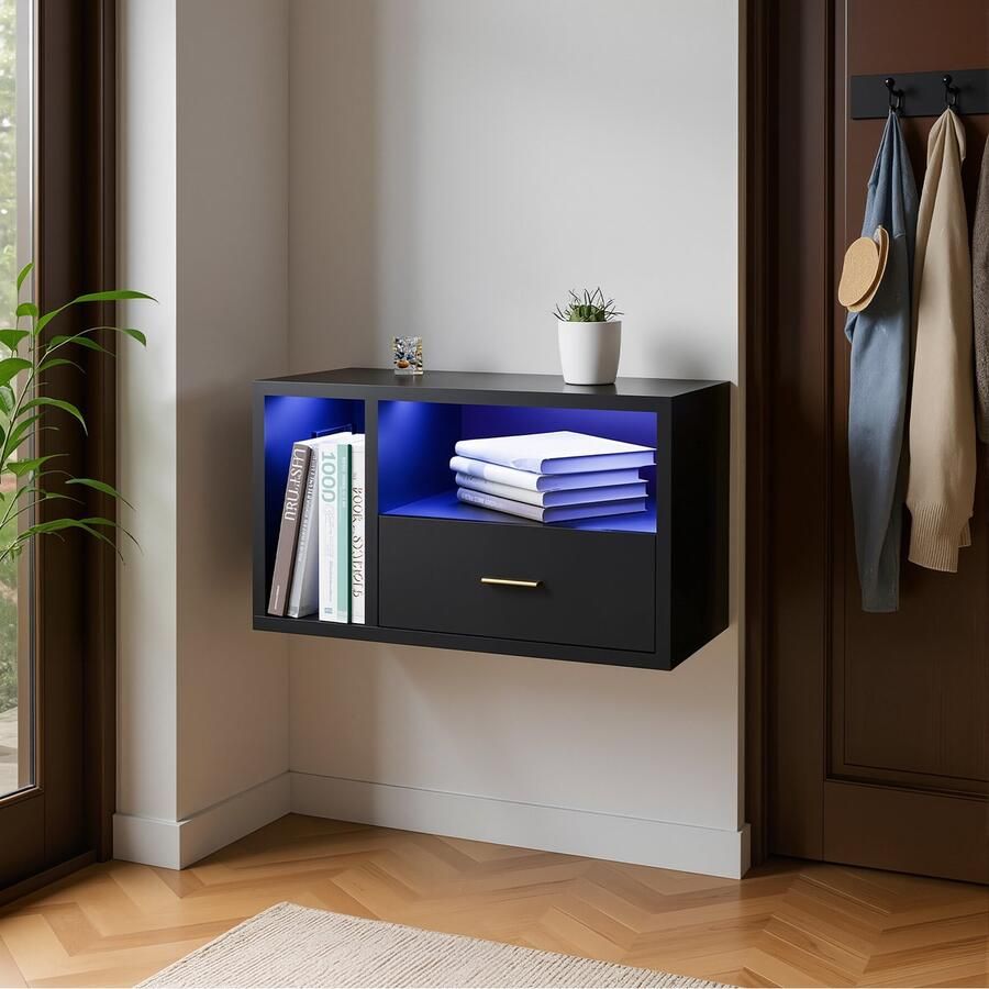 None Wood Wall Bedside Table 1 AC Outlet and 2 USB Ports Wall Mounted Bedside Desk with Charging Station Lamp Strip Space-Saving 1-layer Drawer Floating Bedside Cabinet for Bedroom EU Power Socket Black