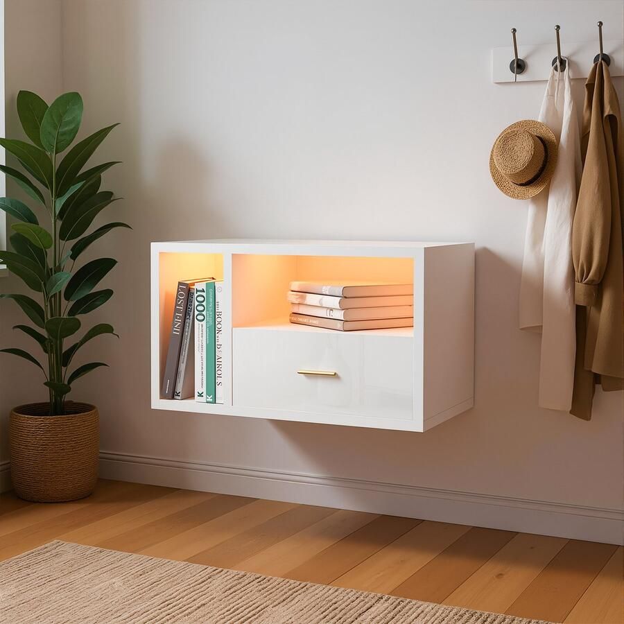 None Wood Wall Bedside Table 1 AC Outlet and 2 USB Ports Wall Mounted Bedside Desk with Charging Station Lamp Strip Space-Saving 1-layer Drawer Floating Bedside Cabinet for Bedroom EU Power Socket White