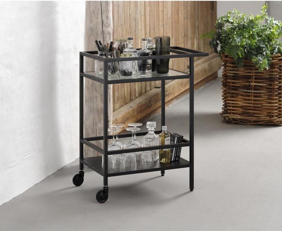 Nordic Home Olan glazen bijzettafel met wieltjes zwart