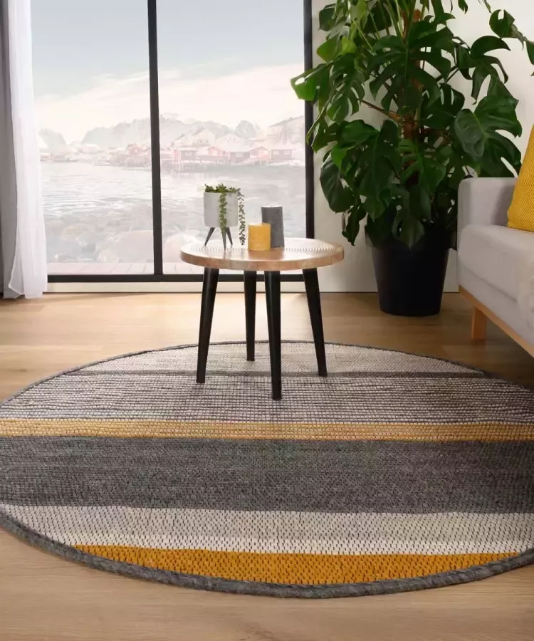 Nordic Weavers Rond wollen vloerkleed strepen Lett okergeel grijs 160 cm rond
