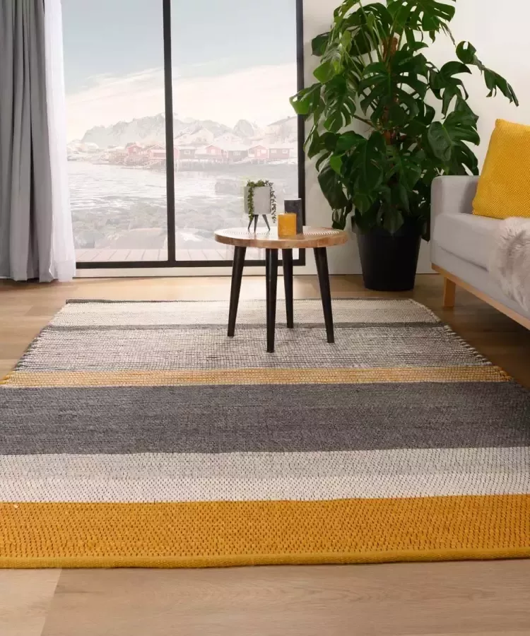 Nordic Weavers Wollen vloerkleed strepen Lett okergeel grijs 90x160 cm