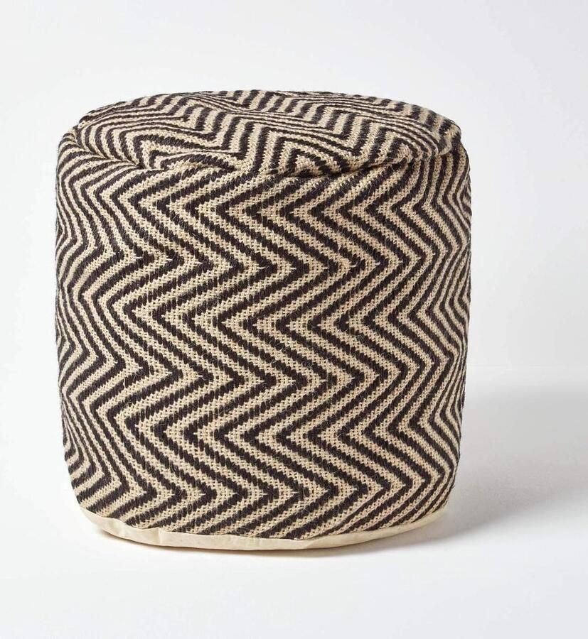 Nordivar Handgemaakte Ronde Jute Poef – Zwart en Naturel – Etnische Stijl – Uniek Zigzagpatroon