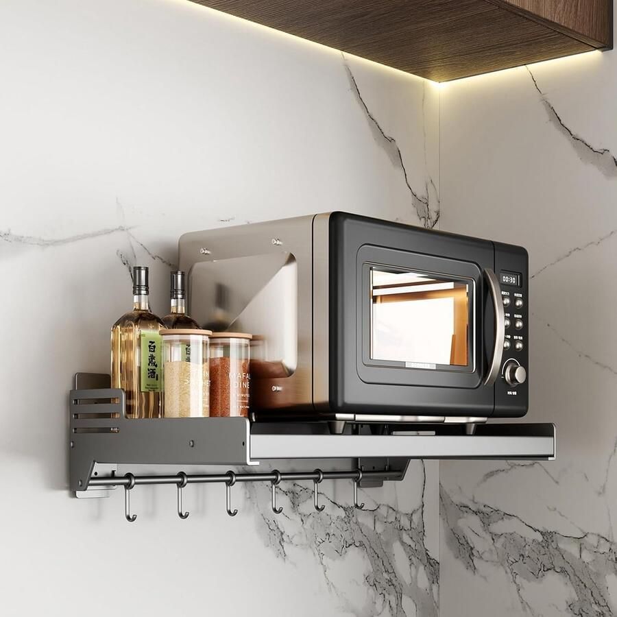 Nordivar Multifunctionele Wandplank voor Magnetron met Verstelbare Haken en Ruimtebesparend Ontwerp