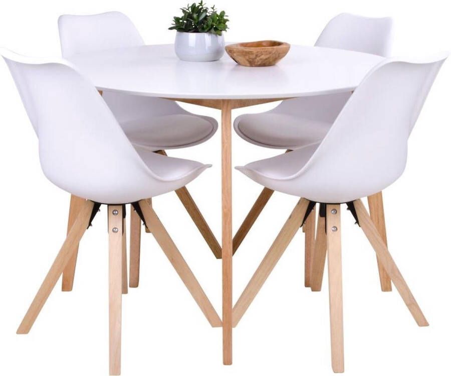 Hioshop Voos eethoek 1 eetkamertafel en 4 eetkamerstoelen wit.