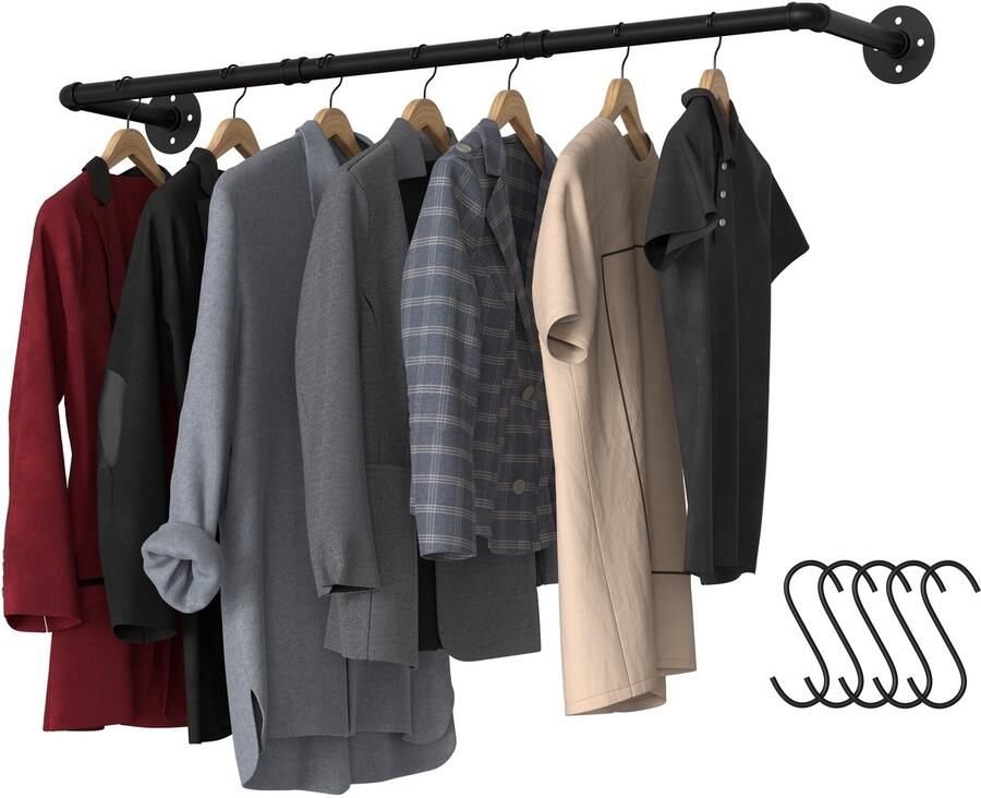 Noswo Kledingstang voor aan de Muur – Hoogwaardige Stalen Kledingroede – Kledingrek Hangrek Garderobe Stang 112 x 23.6 CM – Zwart - Foto 2