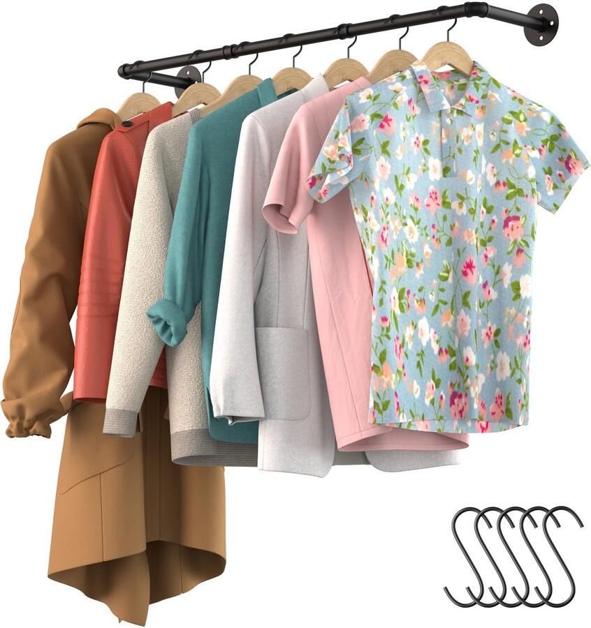 Noswo Kledingstang voor aan de Muur – Hoogwaardige Stalen Kledingroede – Kledingrek Hangrek Garderobe Stang 112 x 23.6 CM – Zwart