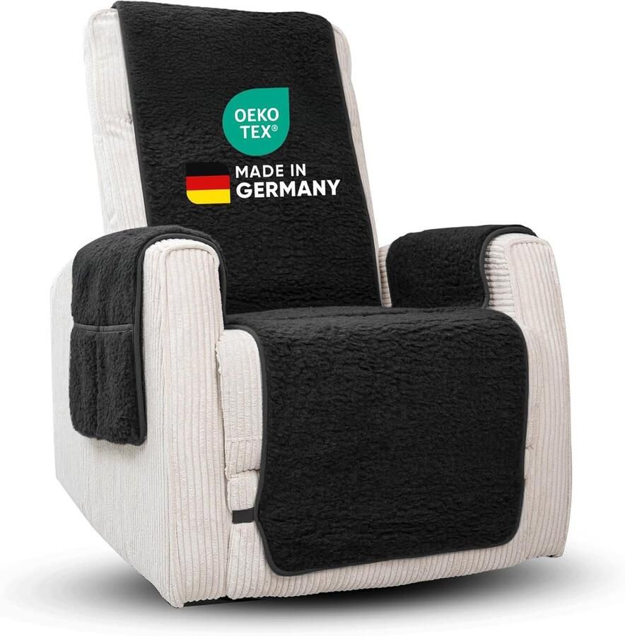 Novaliv fauteuilbeschermer voor relaxfauteuil antraciet universele fauteuilbeschermer met armleuningen en voetensteun beschermende fauteuilhoes van scheerwol fauteuilhoes fauteuilkussen fauteuilsprei