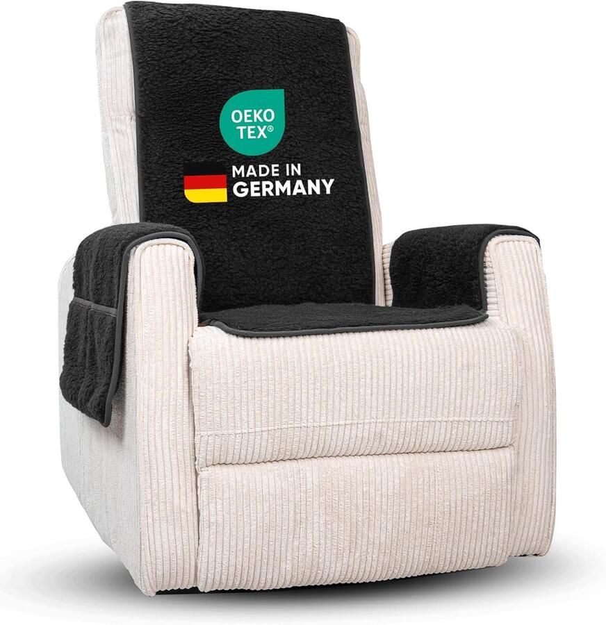 Novaliv fauteuilbeschermer voor relaxfauteuil antraciet Universele fauteuilbeschermer met armleuningen Beschermende fauteuilhoes van scheerwol Comfort fauteuilhoes Relaxfauteuilkussen Fauteuilsprei met armleuningen