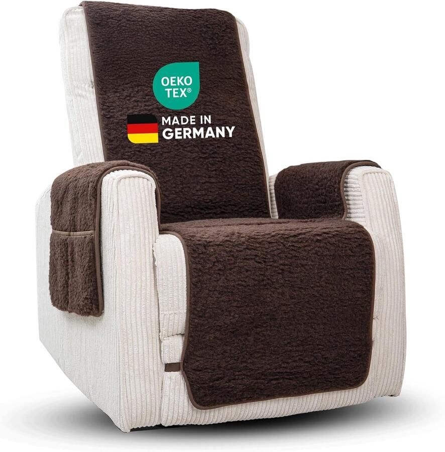 Novaliv fauteuilbeschermer voor relaxfauteuil bruin universele fauteuilbeschermer met armleuningen en voetensteun beschermende fauteuilhoes van scheerwol comfort fauteuilhoes fauteuilkussen fauteuilsprei