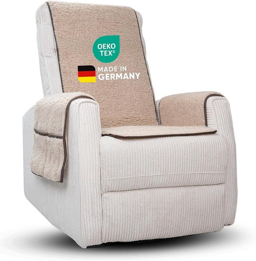 Novaliv fauteuilbeschermer voor relaxfauteuil lichtbruin universele fauteuilbeschermer met armleuningen beschermende fauteuilhoes van scheerwol comfort fauteuilhoes fauteuilkussen fauteuildeken met armleuningen