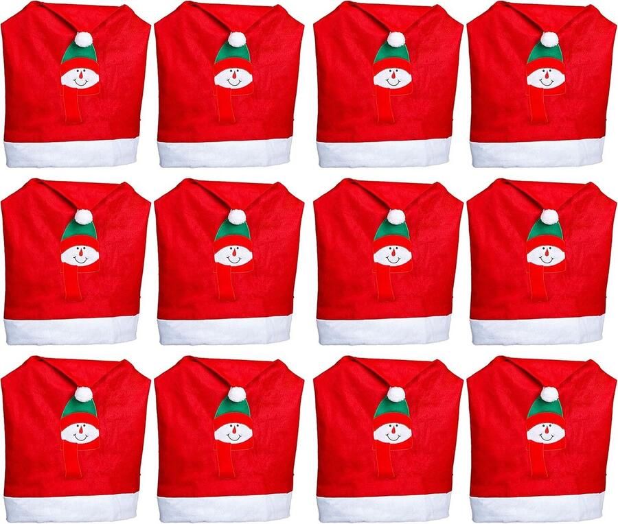 Novaliv Set van 12 kerststoelhoezen I Rood I Sneeuwpop I Stoelhoes Kerstversiering Kerstman hoed stoelhoes