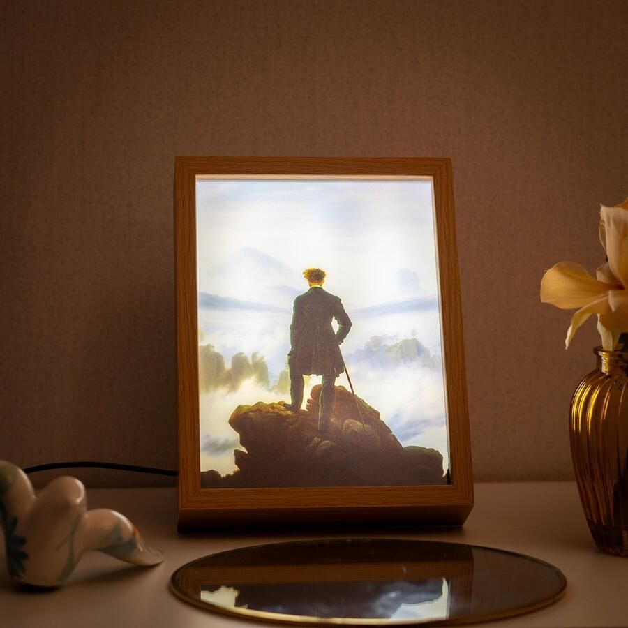 NovaPortrait Wanderer above the Sea of Fog Lichtgevend Fotolijst Kunst cadeau wand of bureau decoratie 3 kleuren dimbaar LED licht Klein 16.7 x 21.2