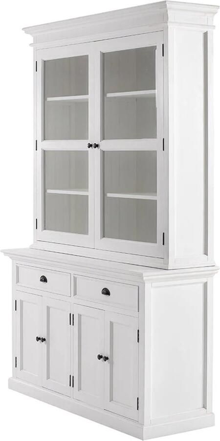 NOVASOLO Halifax Buffetkast met Vitrinekast – Landelijke Kast met Glazen Deuren – Wit – Massief Hout – 220 cm Hoog