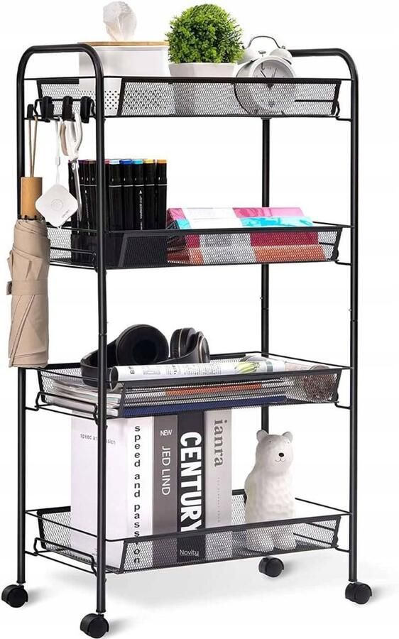 Novity Boekenkast op Wieltjes – 4-Lagen Opbergkast – Smalle Rolkast voor Boeken Speelgoed of Kantoor – Mobiele Kast – Model SZ08 - Foto 2