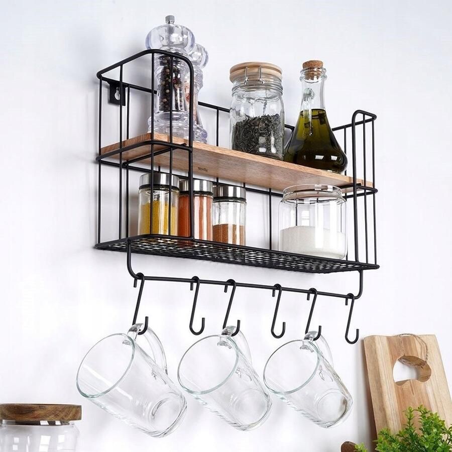 Novity Metalen Wandplank met Haken – 41x12x25 5 cm – Industrieel & Praktisch