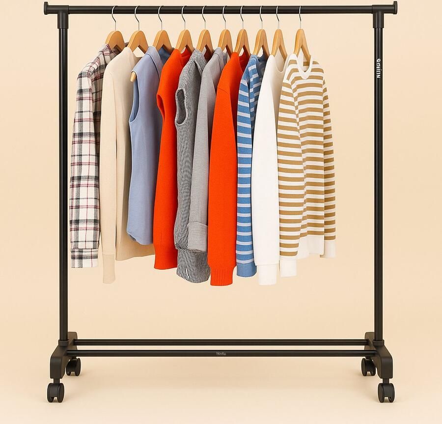 Novity XXL Kledingrek op Wieltjes – Uitschuifbaar & Staand – Grote Kapstok voor Garderobe & Slaapkamer – Verplaatsbaar & Stevig