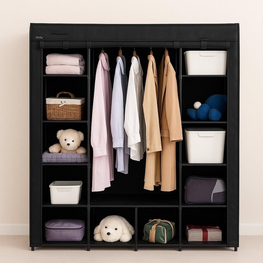 Novity XXL Opvouwbare Kledingkast van Stof – Grote Textiel Garderobekast met Hangers – Stoffenkast voor Slaapkamer Zolder of Logeerkamer