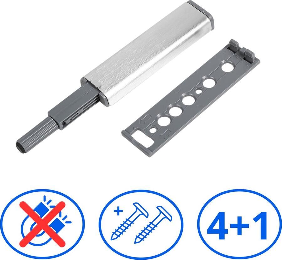 NOVOB Buffer druksnappers (4 + 1 stuks) Incl. schroeven Deurbuffer Deursluiter Deurdemper Push to open Deursnapper Drukbeslag Voor keukenkast en keukenlades