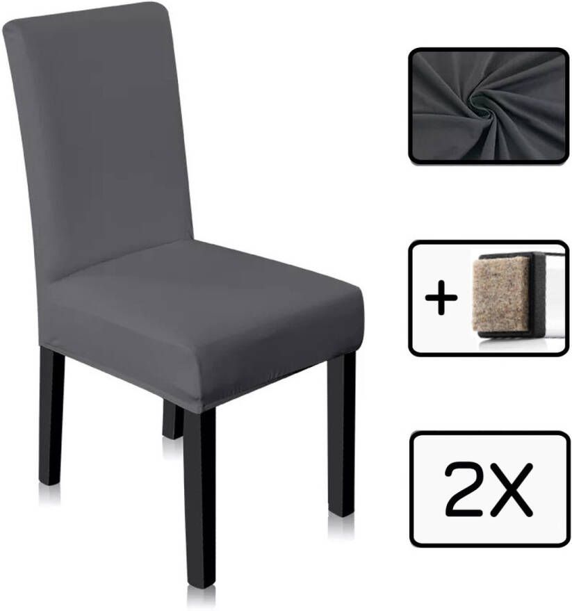 NOVOB Stoelhoes grijs (2 stuks + poot viltjes) Stoelhoezen eetkamerstoelen Stoelhoesset Stoelonderdelen Stoelovertrek Stretch Universeel - Foto 3
