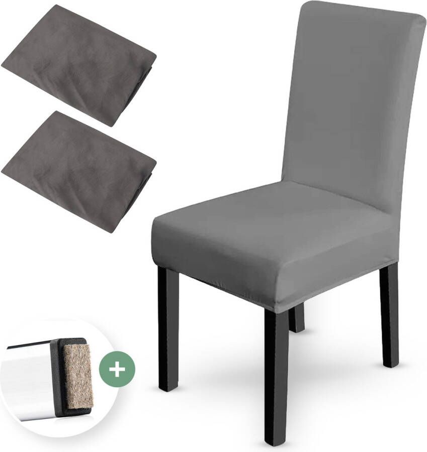 NOVOB Stoelhoes grijs (2 stuks + poot viltjes) Stoelhoezen eetkamerstoelen Stoelhoesset Stoelonderdelen Stoelovertrek Stretch Universeel - Foto 2