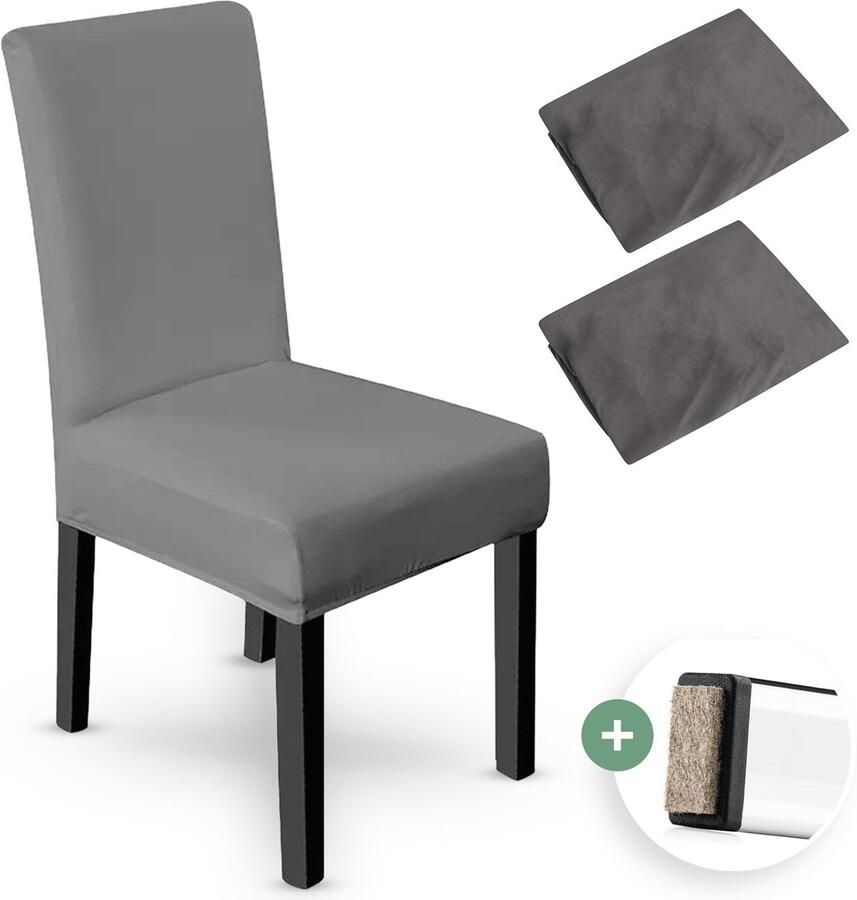 NOVOB Stoelhoes grijs (2 stuks + poot viltjes) Stoelhoezen eetkamerstoelen Stoelhoesset Stoelonderdelen Stoelovertrek Stretch Universeel