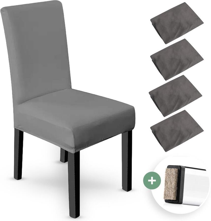 NOVOB Stoelhoes grijs (4 stuks) + Poot viltjes Stoelhoezen eetkamerstoelen Stoelhoesset Stoelonderdelen Stretch Stoelpoot beschermers Stoelpootdoppen Universeel