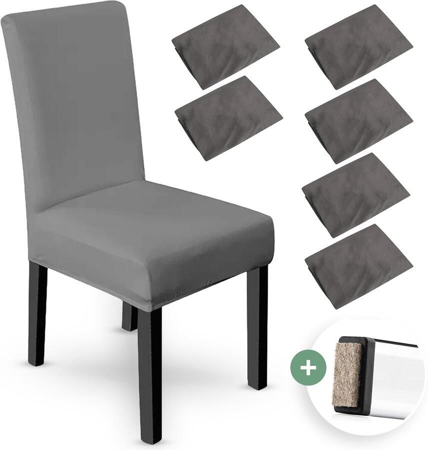 NOVOB Stoelhoes grijs (6 stuks + poot viltjes) Stoelhoezen eetkamerstoelen Stoelhoesset Stoelonderdelen Stoelovertrek Stretch Universeel