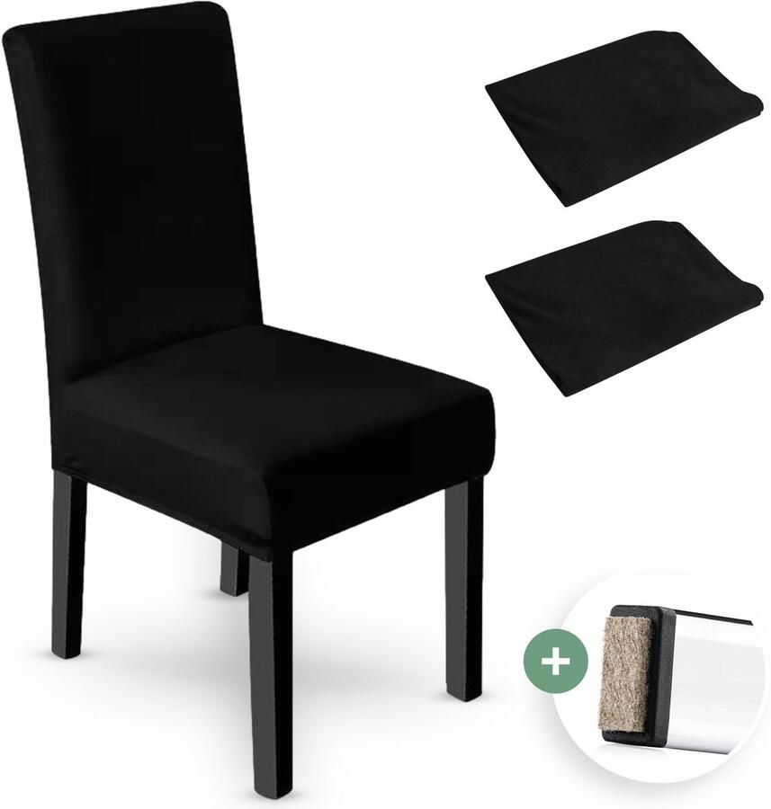 NOVOB Stoelhoes zwart (2 stuks + poot viltjes) Stoelhoezen eetkamerstoelen Stoelhoesset Stoelonderdelen Stoelovertrek Stretch Universeel