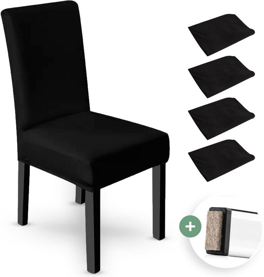 NOVOB Stoelhoes zwart (4 stuks) + Poot viltjes Stoelhoezen eetkamerstoelen Stoelhoesset Stoelonderdelen Stretch Stoelpoot beschermers Stoelpootdoppen Universeel