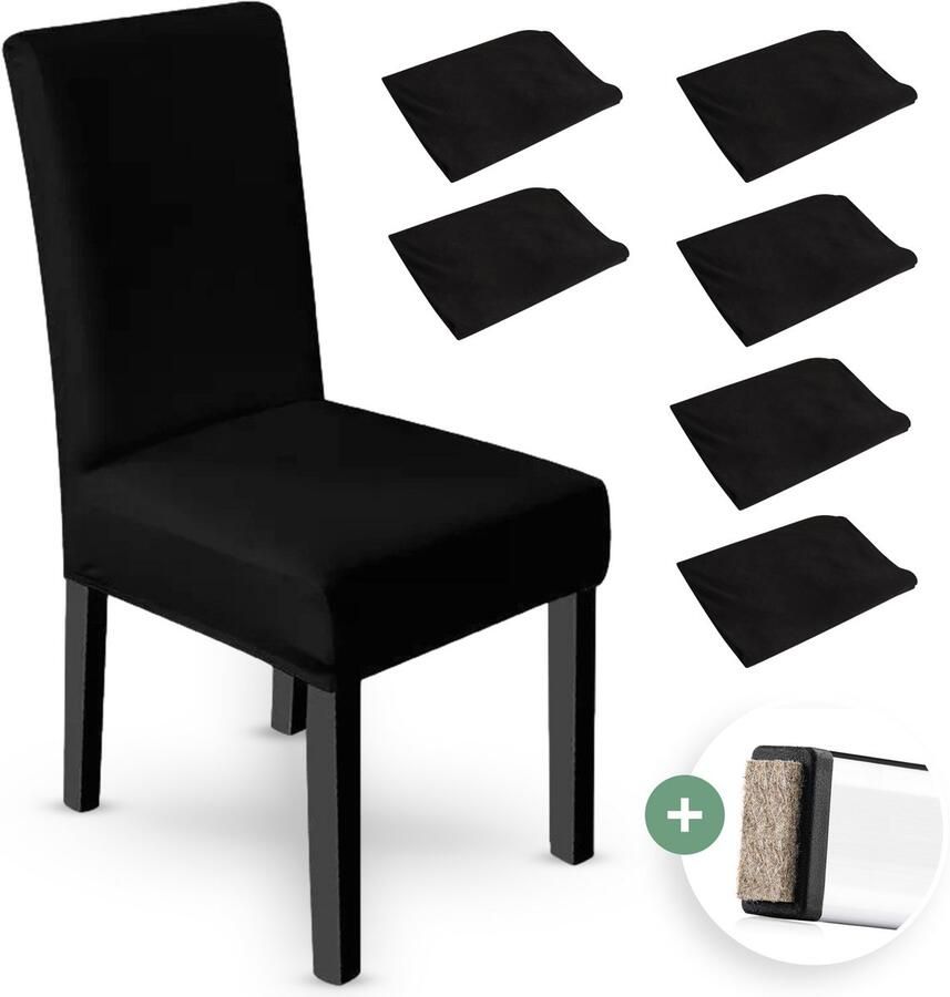 NOVOB Stoelhoes zwart (6 stuks + poot viltjes) Stoelhoezen eetkamerstoelen Stoelhoesset Stoelonderdelen Stoelovertrek Stretch Universeel