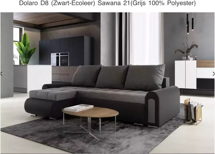 Alpina Meble Hoekbank met bedfunctie „ONTARIO” Universeel Ecoleer Zwart + Grijs