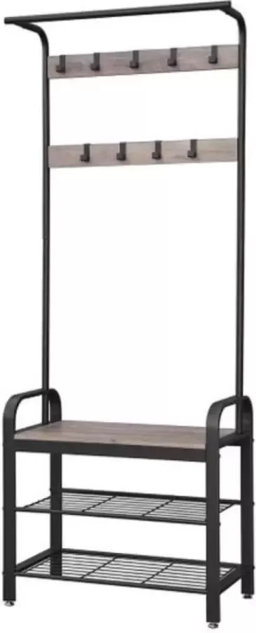 NumberOne Vintage Kapstok Met Schoenenrek Metalen Frame Schoenen Opbergbank Anti-tip Riemen – Grijs Garderobe