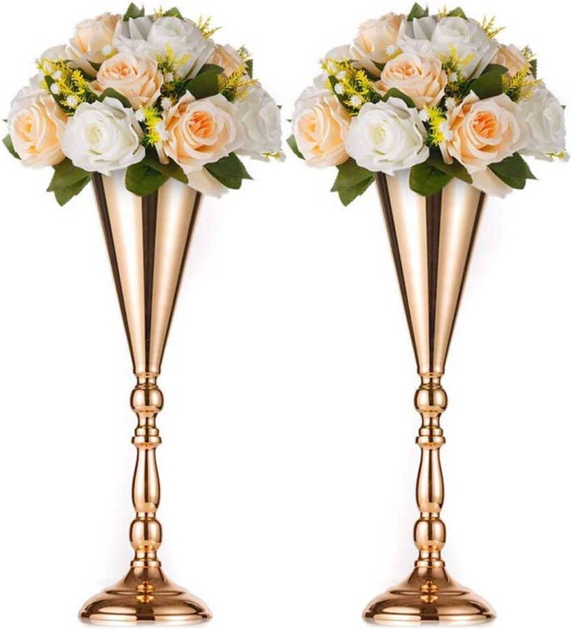 Nuptio 2 Stuks Tafelblad Metalen Bruiloft Bloem Trompet Vaas Gouden Tafel Decoratieve Middelpunt Kunstmatige Bloemstukken voor Verjaardag Ceremonie Partij Verjaardag Evenement Gangpad Huisdecoratie