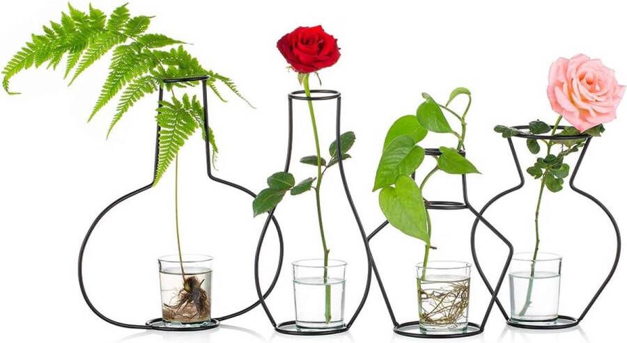 Nuptio Set van 4 creatieve bloempotten voor het bureau met glazen beker vazen en metalen standaard van ijzer voor waterplanten bloemstukken decoratie (4 stuks)
