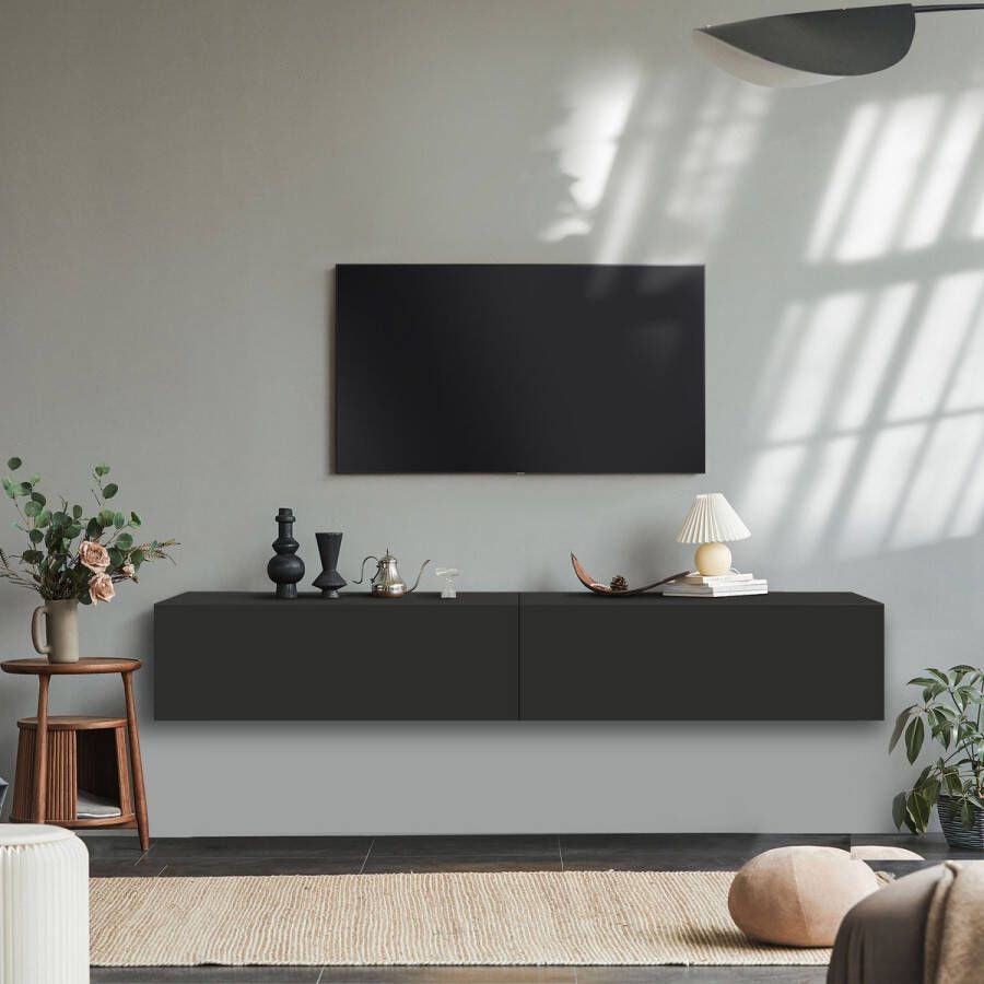 Nuvolix TV meubel TV kast TV meubel zwevend hangend 200CM mat zwart hout 200*40*30CM