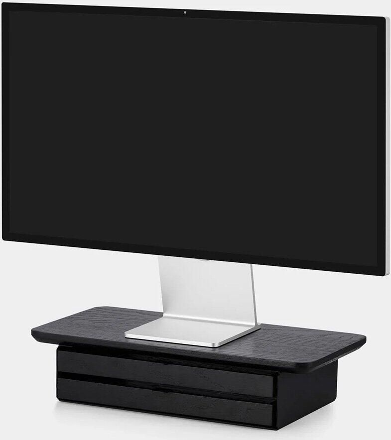 Oakywood Desk Shelf Mini Dual Drawer Black Zwart Massief Eiken Luxe Houten Monitorstandaard Beeldschermverhoging met 2 Lades