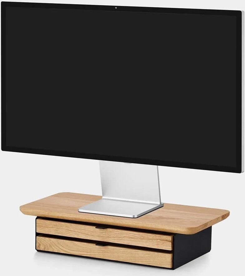 Oakywood Desk Shelf Mini Dual Drawer Oak Massief Eiken Luxe Houten Monitorstandaard Beeldschermverhoging met 2 Lades