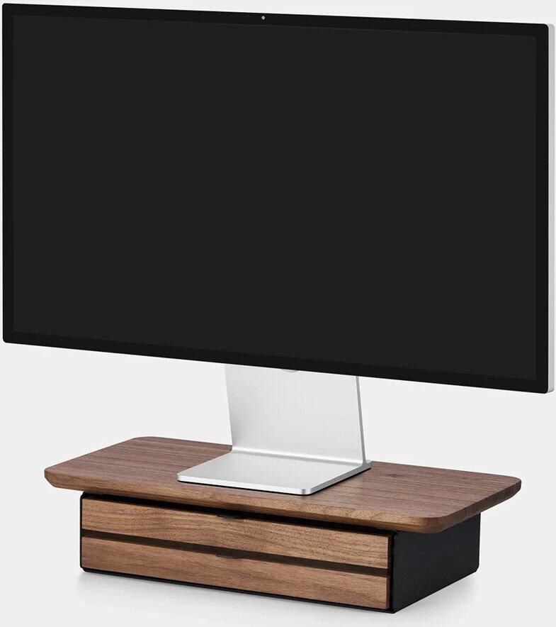 Oakywood Desk Shelf Mini Dual Drawer Walnut Massief Walnoot Luxe Houten Monitorstandaard Beeldschermverhoging met 2 Lades