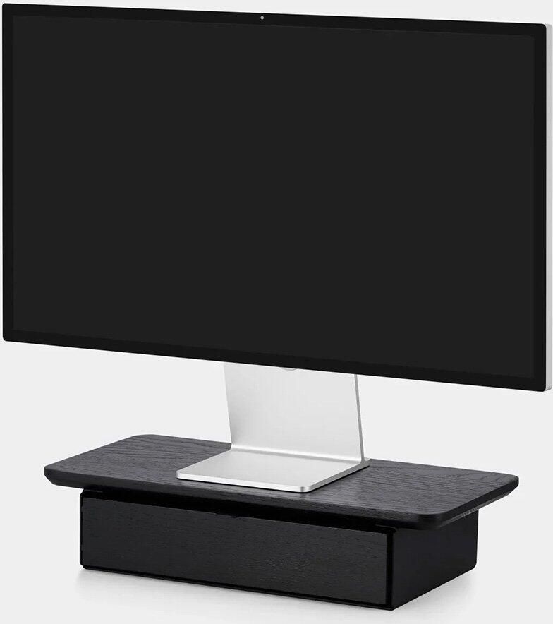 Oakywood Desk Shelf Mini Single Drawer Black Oak Massief Zwart Eiken Luxe Houten Monitorstandaard Beeldschermverhoging met 1 Lade