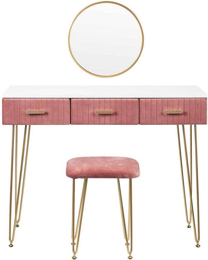 Oasis Luxe Kaptafel met Spiegel en Krukje- Moderne Dressoir Wit Roze 3 Lades 100 x 40 x 77 cm Make Up Tafel